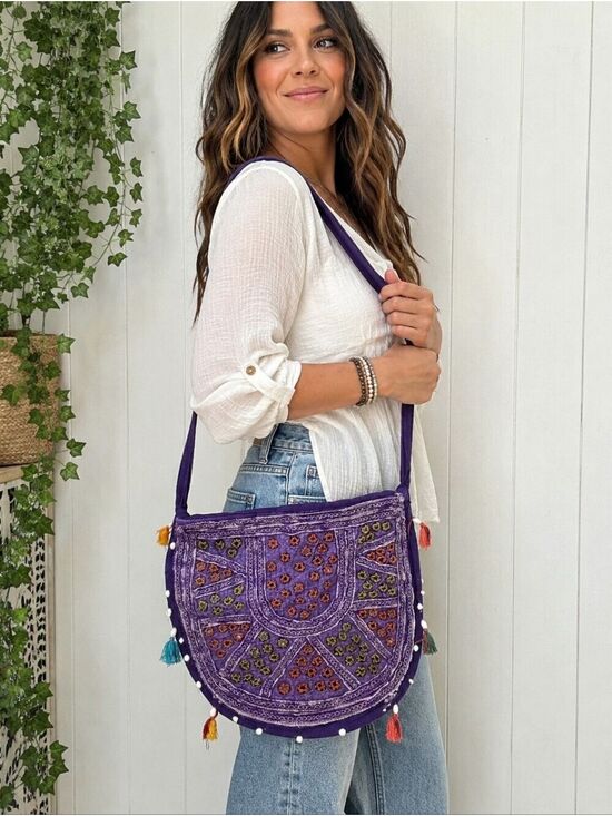 Handbags - Boho Purple Embroidered Crossbody Messenger Bag with Mirror Work & Tassels